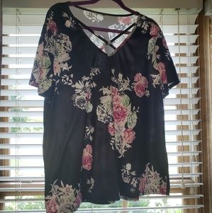 Criss cross black floral top